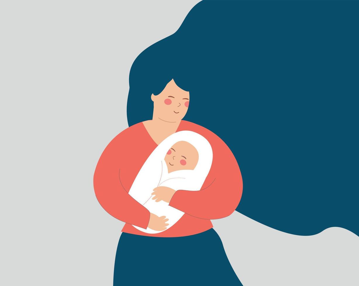 Young mother embraces her new born baby with love. Young mom holds her child with care. single mom hugs her boy. Concept of positive parenting, motherhood and international mother's day. Vector stock