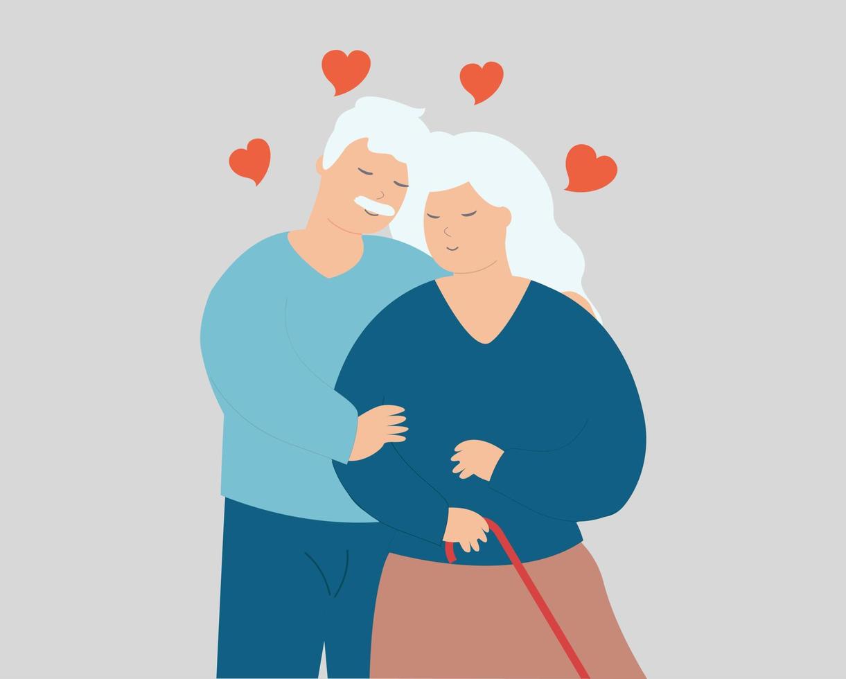 Senior husband and wife stand together and hug each other. Elderly man and woman couple hold hands with care. Family support, mature people relationship, marriage and true love concept. Vector stock