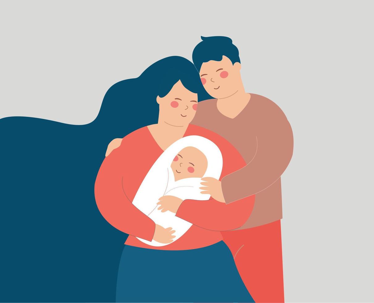 Young couple hug their baby with love. husband and wife embrace their new born child with care. Poster of happy father's and mother's day. Positive parenting, baby care family relationship concept. vector