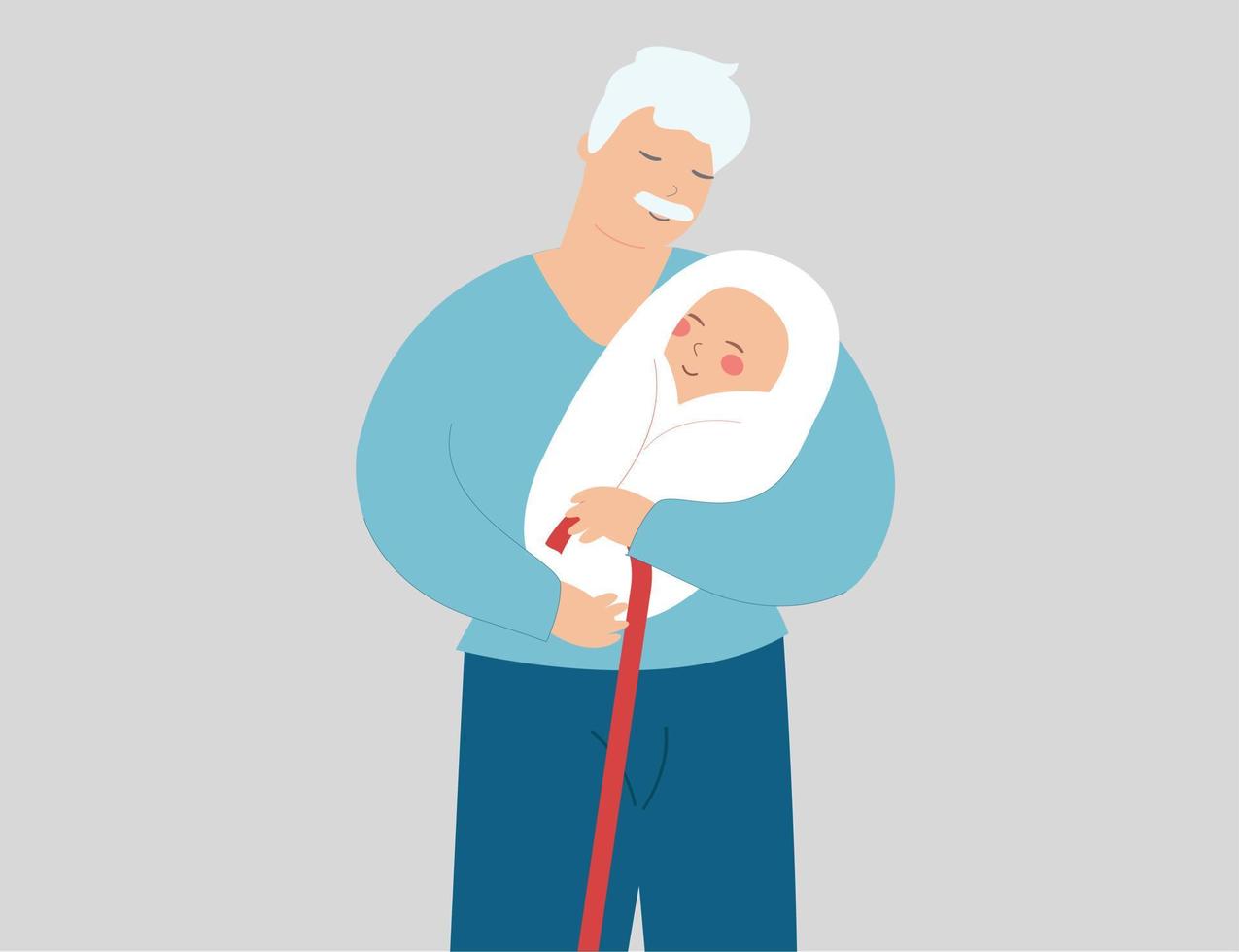 Grandpa hugs his newborn grandson with love. Senior grandfather embraces his baby grandchild with care. Happy Fathers Day, family bond and generations concept. Vector illustration