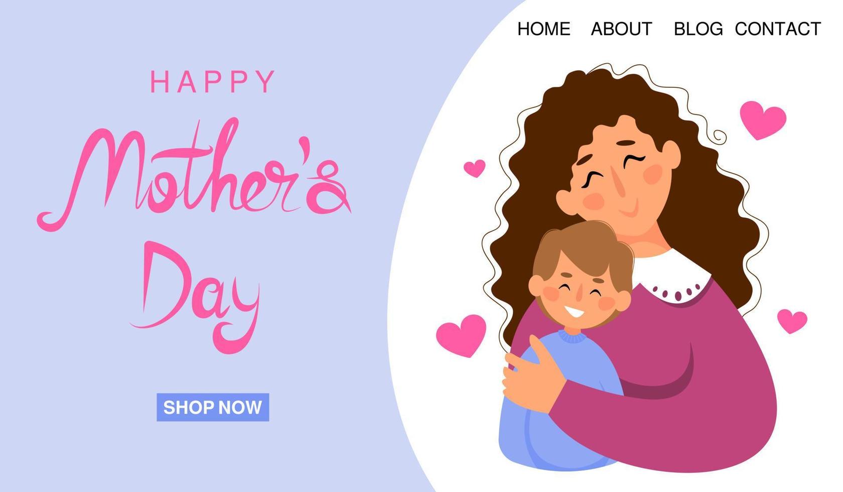 Happy Mother's Day vector banner. Mother hugging child son.