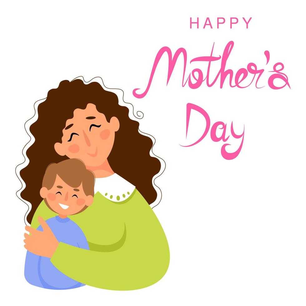 Happy Mother's Day vector greeting card. Mother hugging child son.