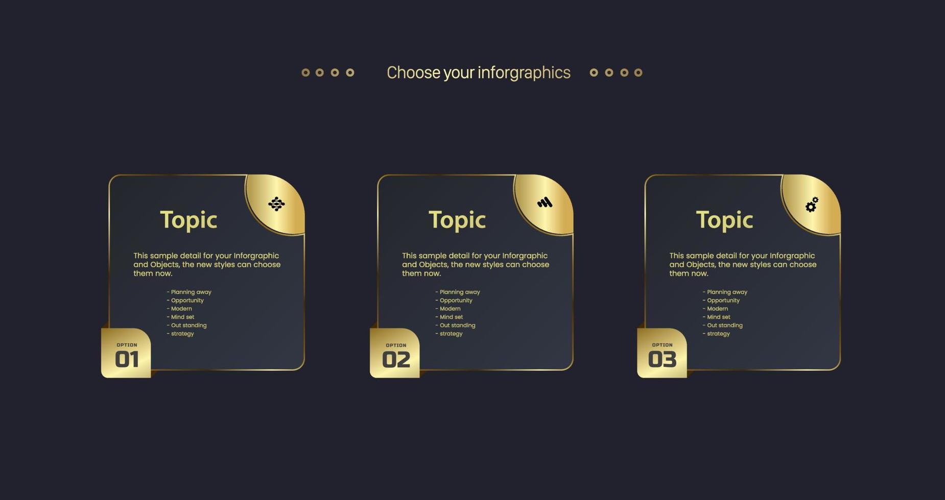 diseño de gráficos de tres opciones infográficas y botones de lujo con 3 números de plantillas de concepto de pancartas doradas. utilizado en presentaciones, negocios y vector de banners financieros