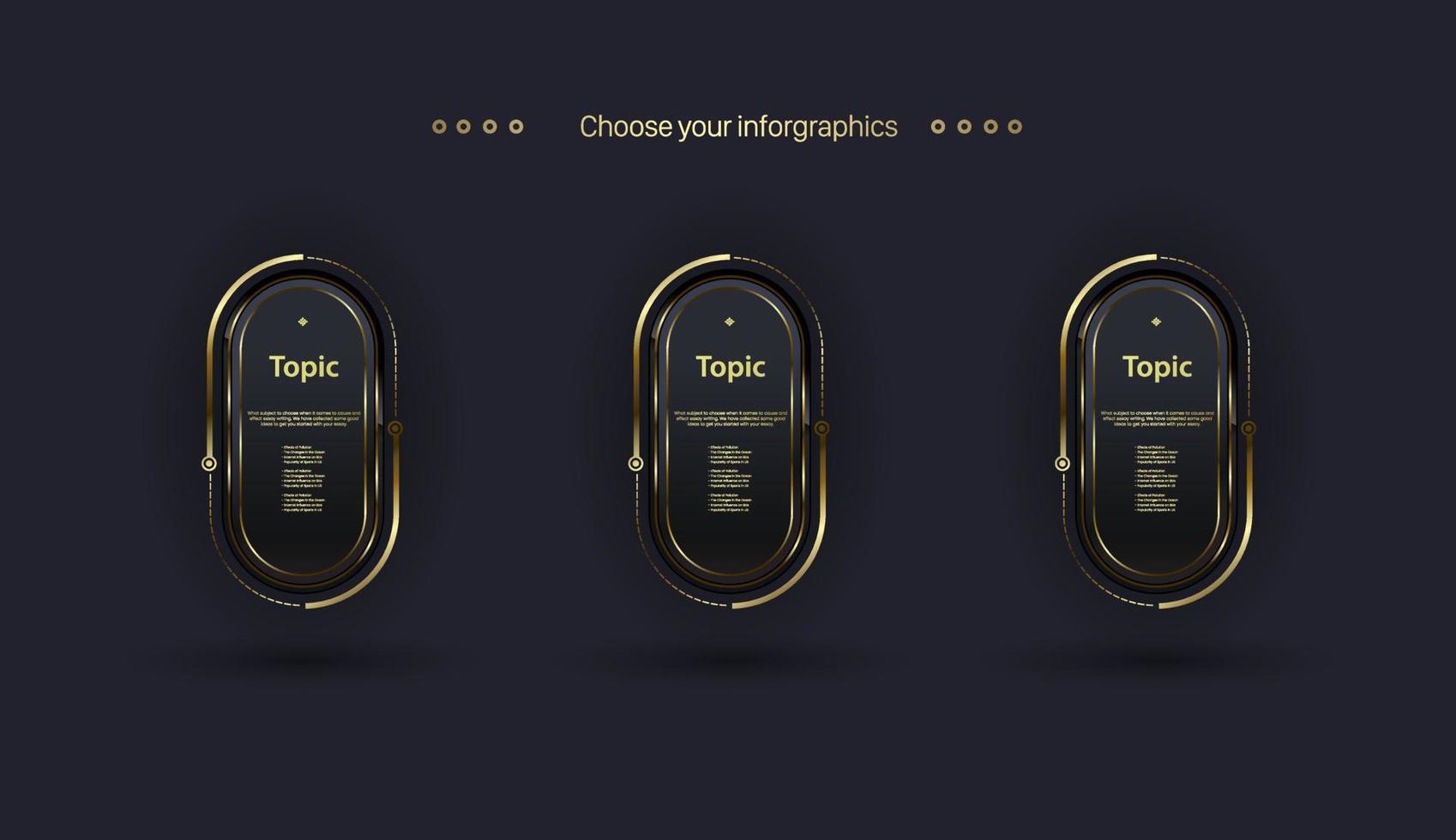 Three lLuxury Vector STEPs Infographic design in FIVE objects with golden Premium shapes Level on dark background template used for Infograph, step or processes design