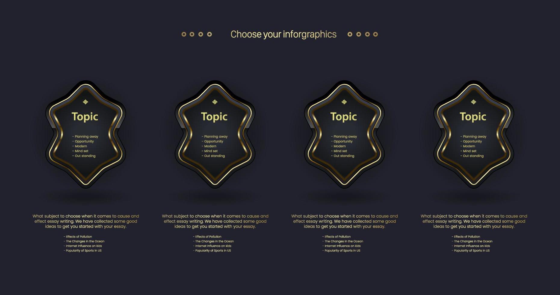 A golden options banner with the best Luxury dark buttons with golden stoke and modern shapes vector elements chart, used for workflow layout, infographic, advertising, vector and illustration