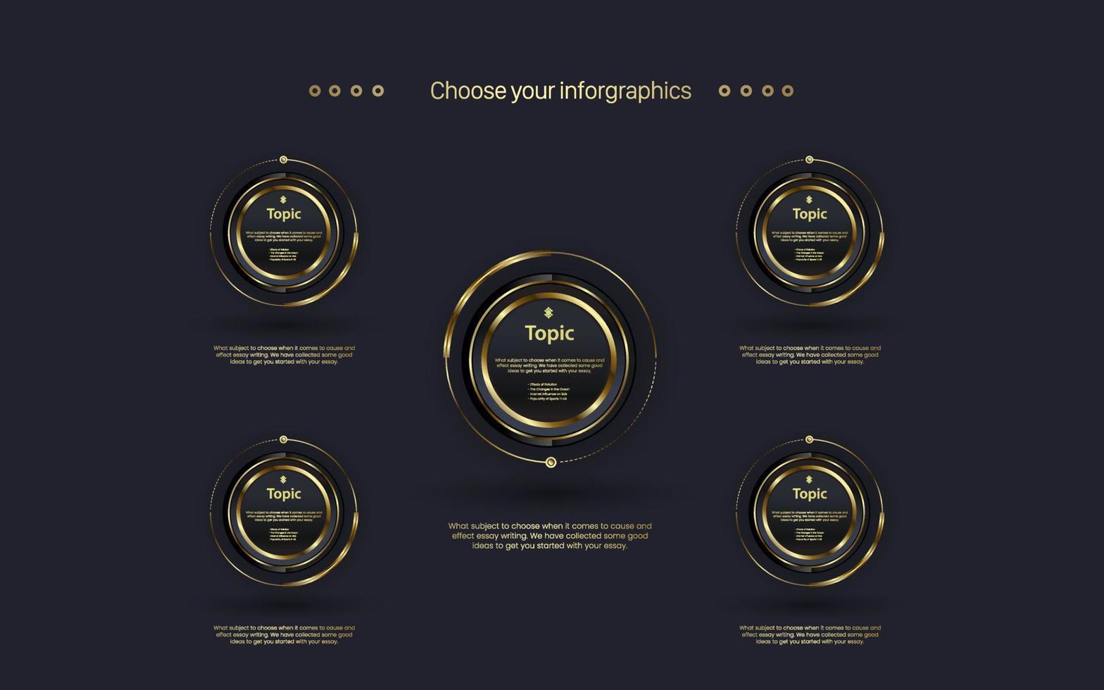 el mejor diseño de diagrama de flujo de botones de círculos de lujo moderno. con cinco niveles de procesos para finanzas y gráfico de concepto de negocio. pasos de infografía de línea de tiempo, vector e ilustración