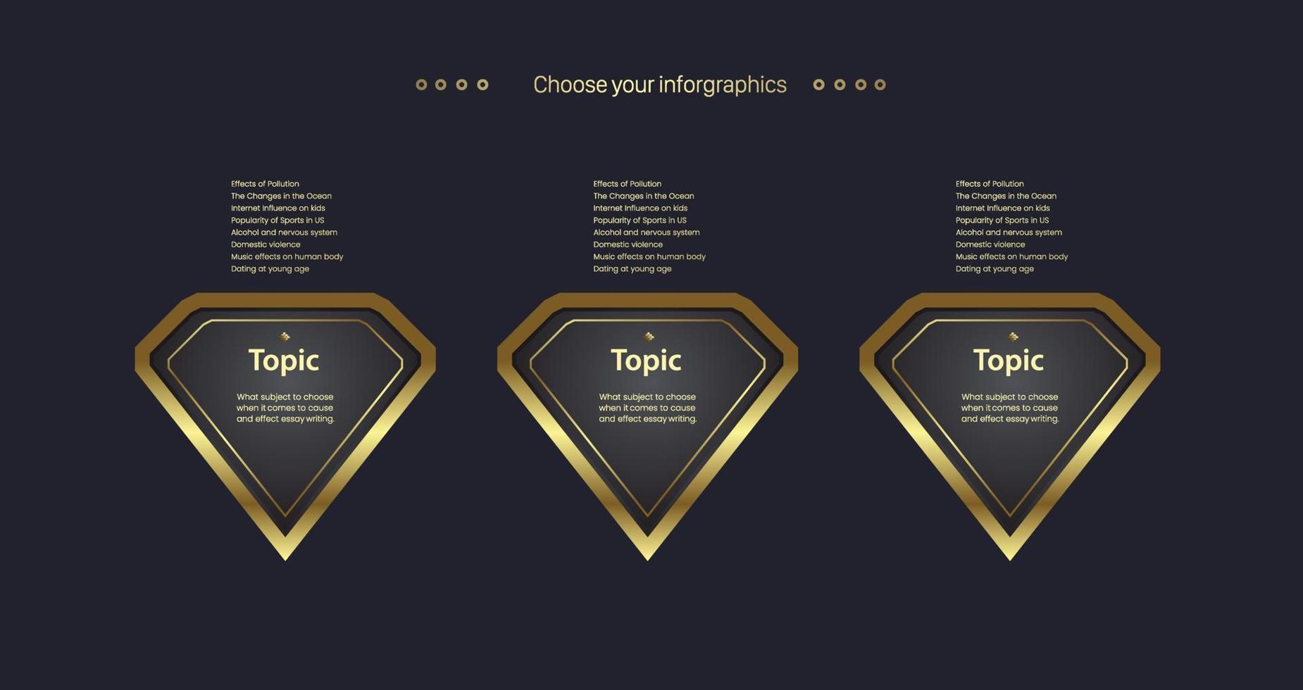 objetos de forma de diamante en diseño de diagrama de flujo con estilo de botones dorados premium en plantillas de fondo oscuro, utilizados en gráficos de finanzas o elementos comerciales opciones de lujo vector