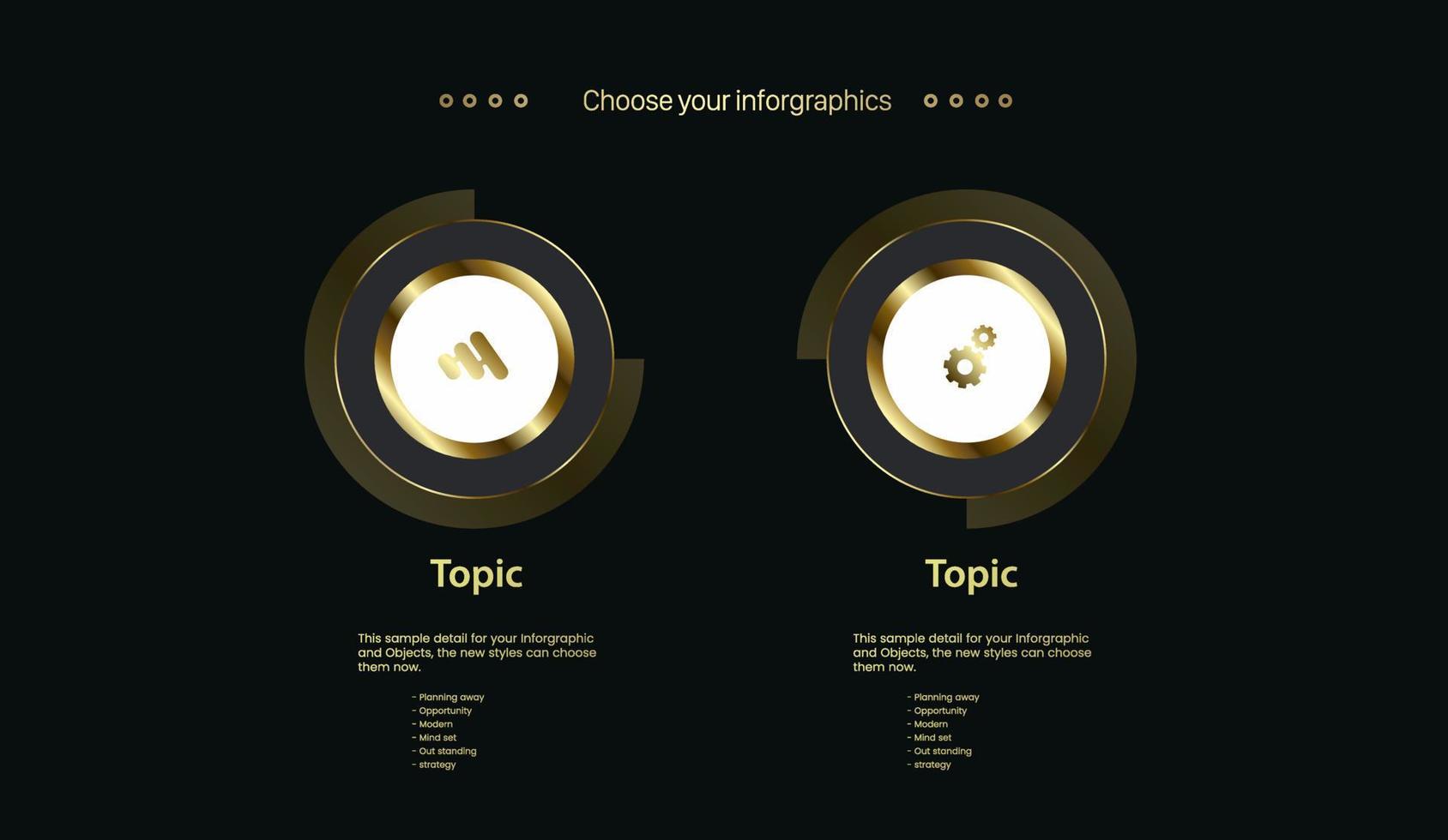 TWO Luxury Golden multipurpose Infographic design template with three options and Premium golden version on a dark background with Two golden circle Vector