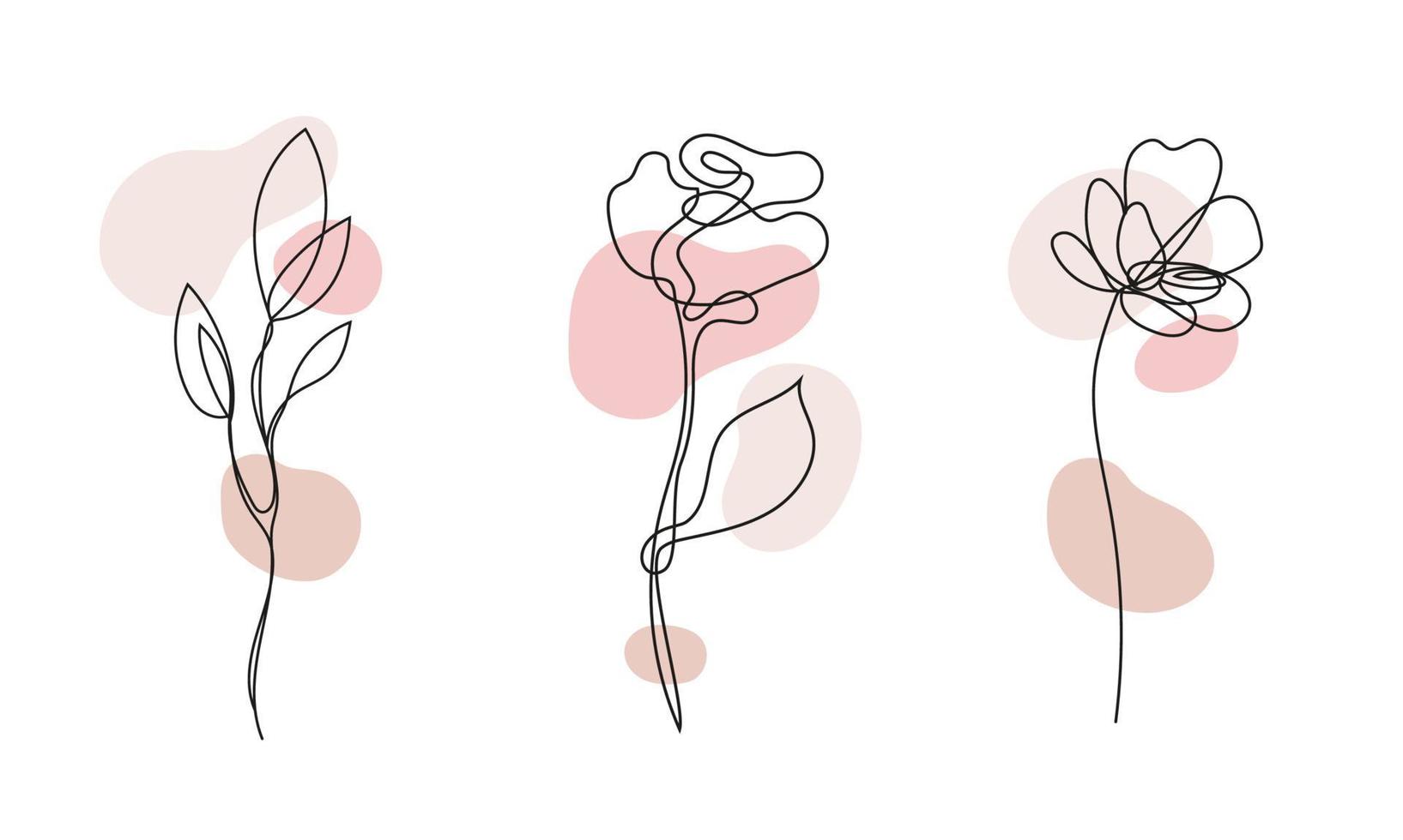 Vector set of hand drawn, single continuous line flowers - roses , leaves sketch. Art floral elements. Use for t-shirt prints, logos, cosmetics