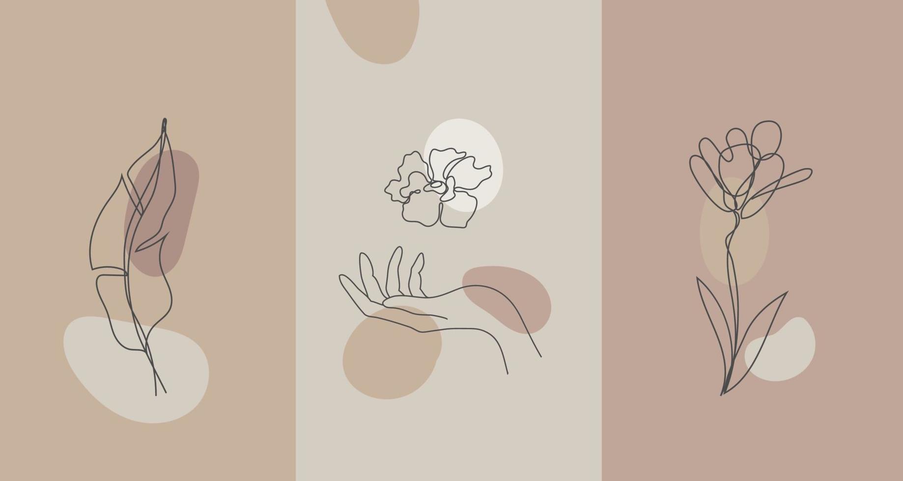 Vector minimalist style plants flowers. Line flower, nude colors. Hand drawn abstract print. Use for social media wallpapers, beauty logos, poster illustration,