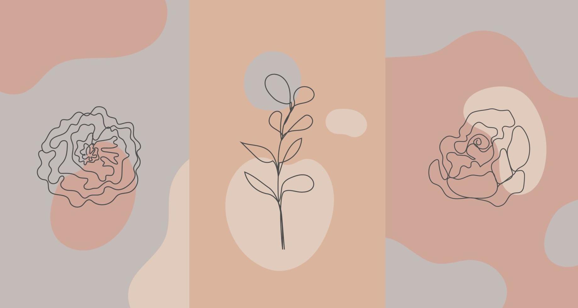 Vector minimalist style plants flowers. Line flower, nude colors. Hand drawn abstract print. Use for social media wallpapers, beauty logos, poster illustration,