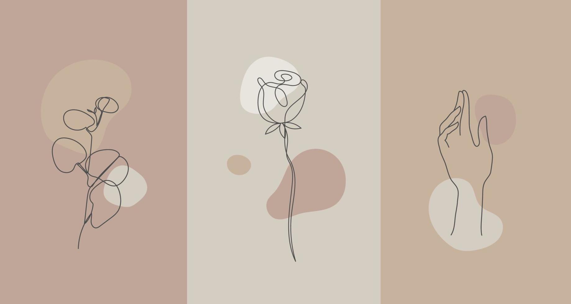 Vector minimalist style plants flowers. Line flower, nude colors. Hand drawn abstract print. Use for social media wallpapers, beauty logos, poster illustration,