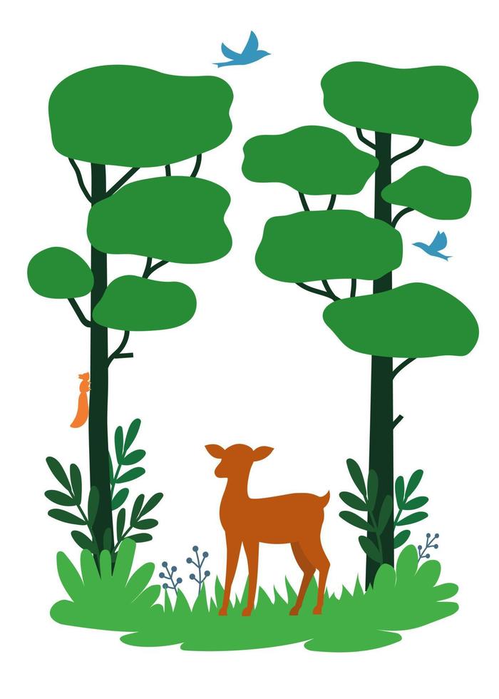 concepto del día internacional de los bosques. siluetas de plantas, ciervos y pájaros verdes vector ilustración. impresión para bolsa ecológica, postal, afiche, folleto