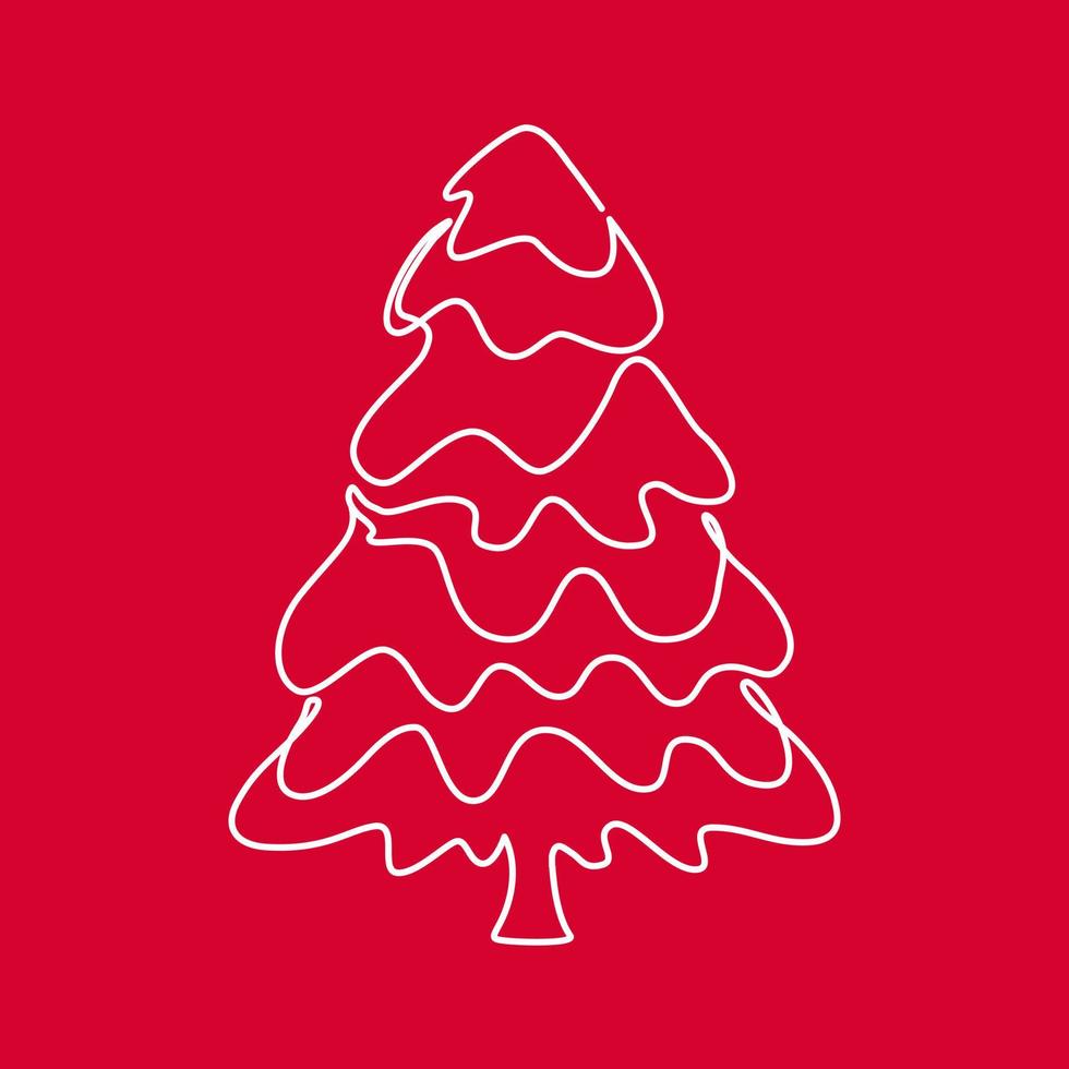 Fir Tree with Snow Outline Vector Illustration. Line art on a red background. Christmas decorative element for web, cards, posters