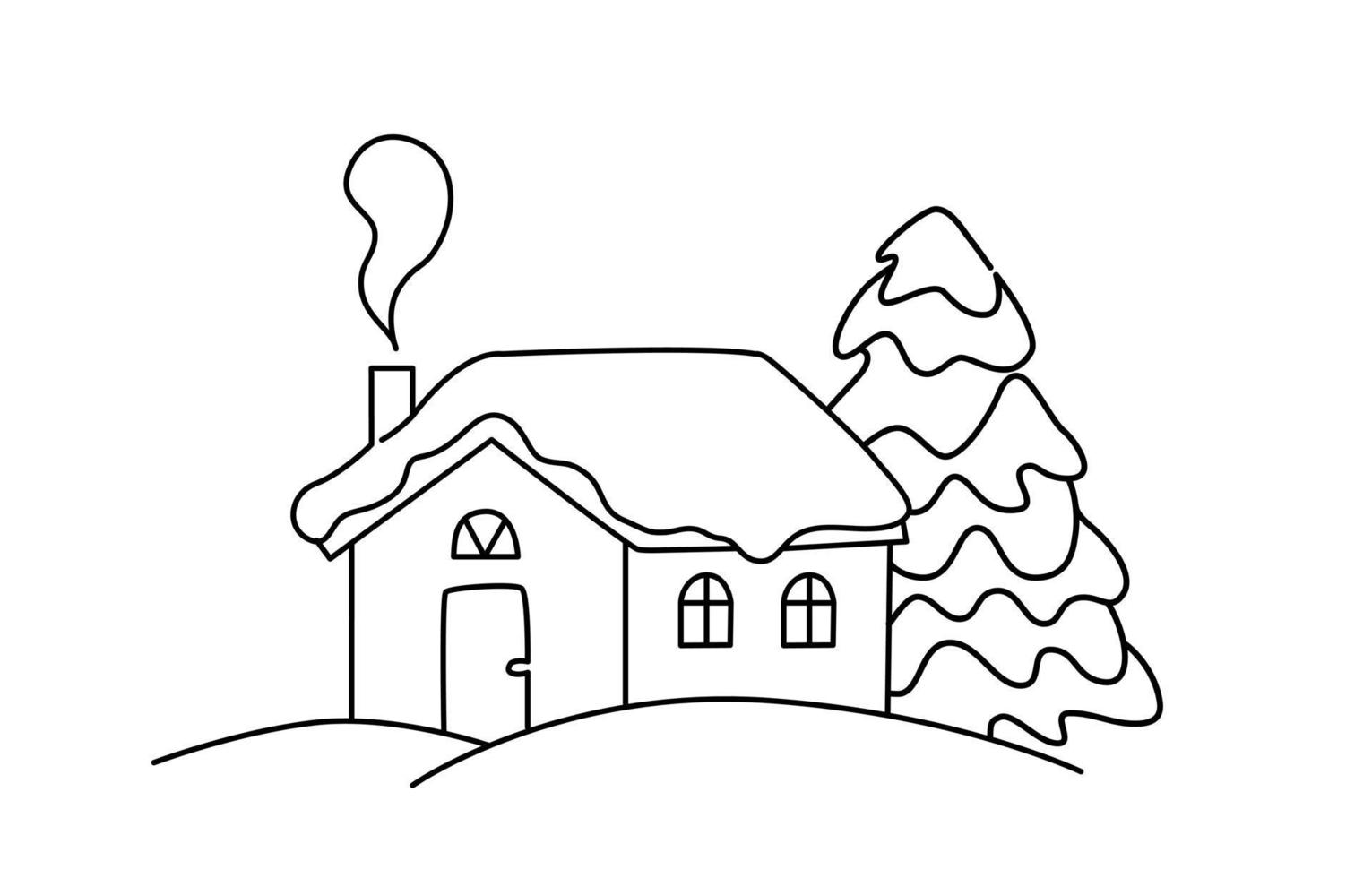 Cute Christmas House Outline Vector Illustration. Little cabin with fir under snow coloring page for kids. Decorative contour elements for web, cards, posters