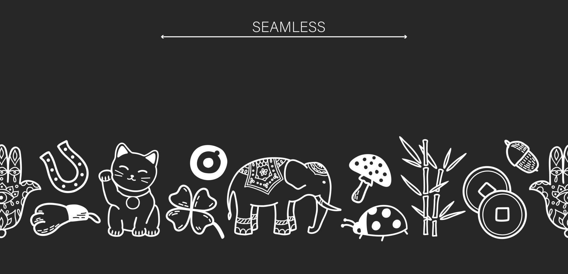 Good Luck Symbols Border. Asian and European talismans and charms contour vector illustration. Symbols of success and prosperity