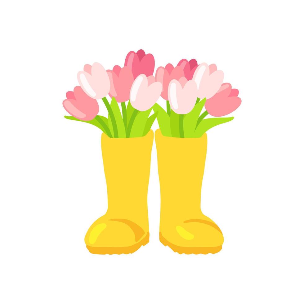 Bouquet of tulips in yellow rubber boots. Cartoon spring flowers composition. Flat style isolated vector illustration