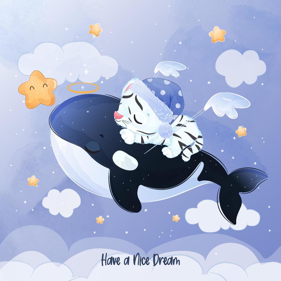 adorable pequeño tigre blanco y linda ilustración de orca vector