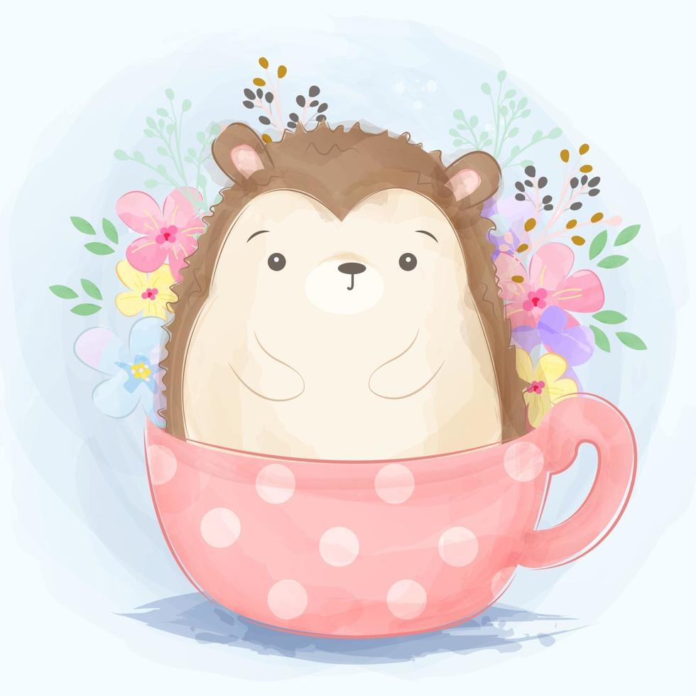 Adorable little hedgehog illustration in watercolor vector