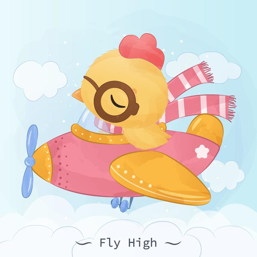 Cute little chicken flying like a pilot vector