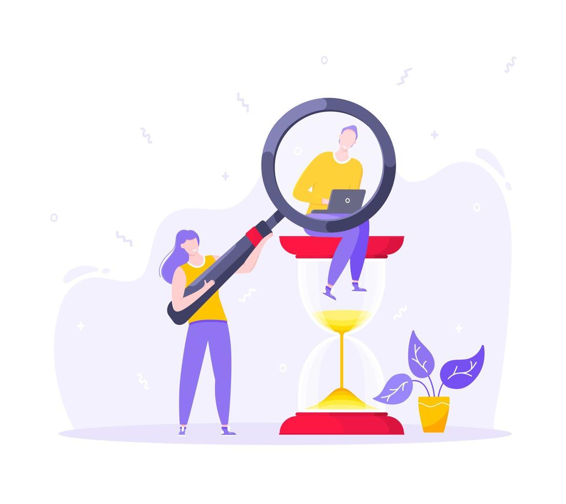Time managemet business concept metaphor. Tiny persons with megaphone and magnifying glass. vector