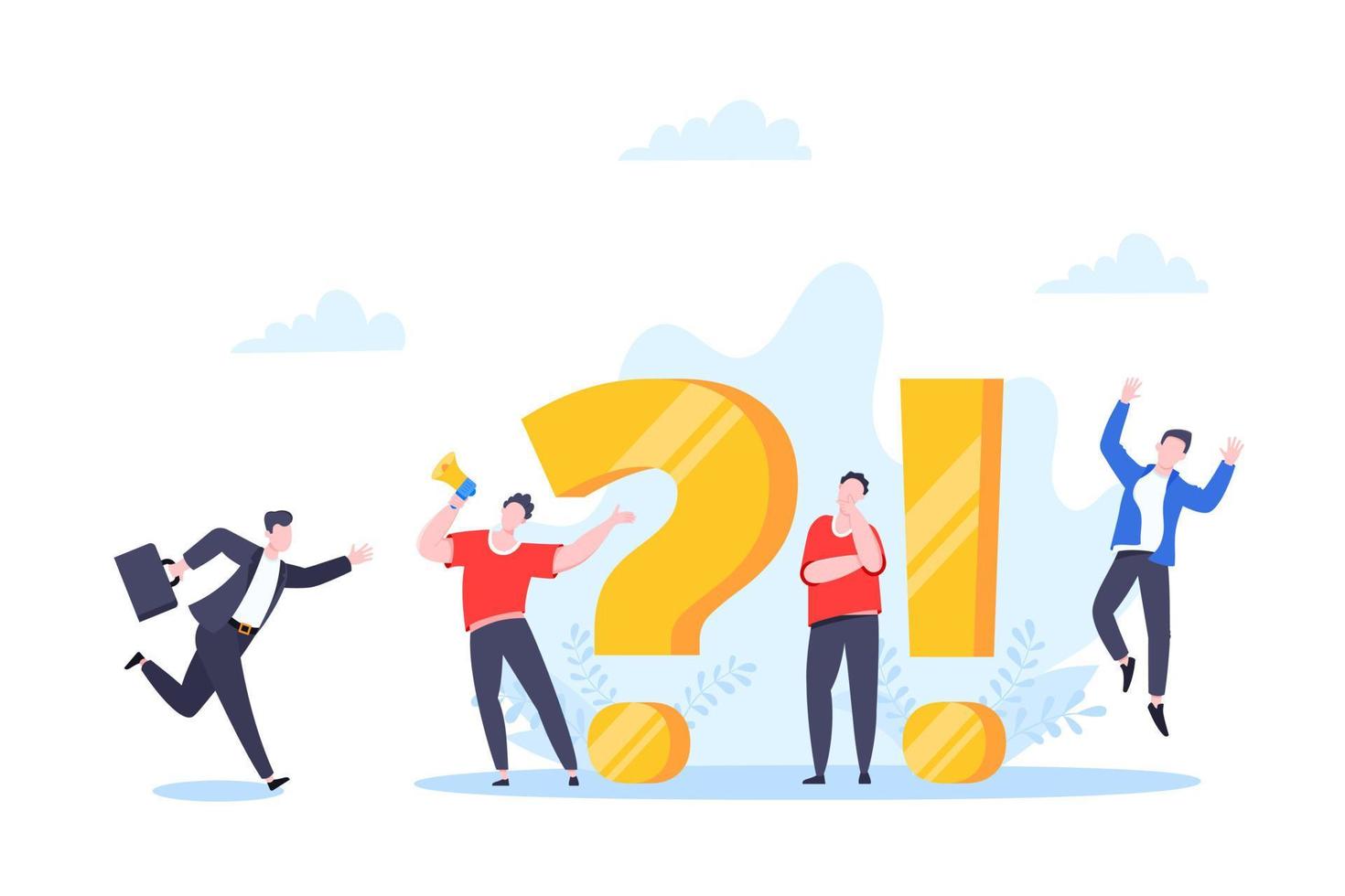 Q and A or FAQ concept with tiny people characters, big question and exclamation mark, frequently asked questions template. vector