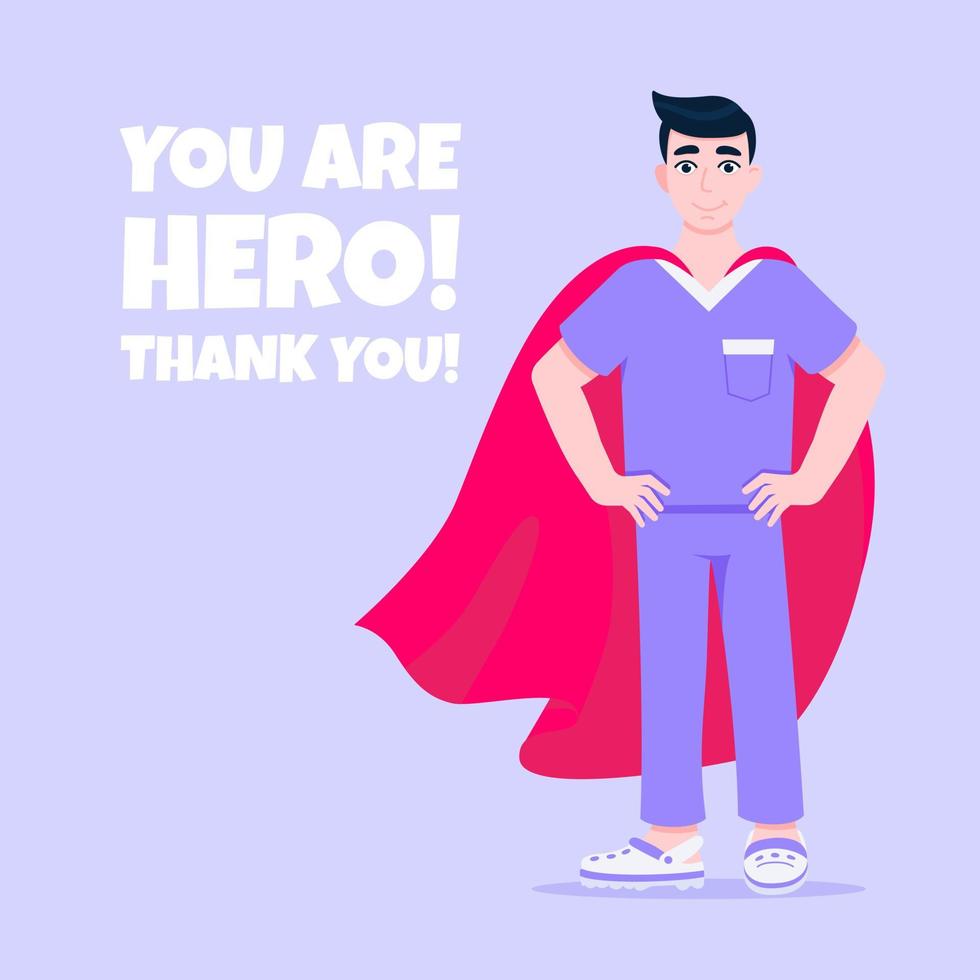 Young male nurse hospital medical employee with hero cape behind fights against diseases and viruses vector