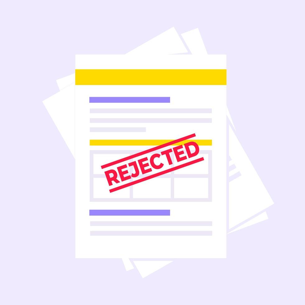 Rejected claim or credit loan form on it, paper sheets and rejected stamp flat style design vector illustration.