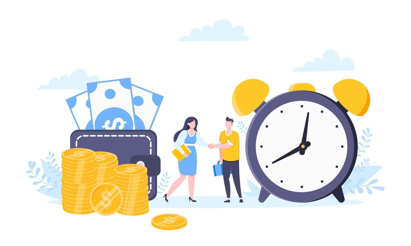 Time is money or saving money business concept. Tiny people shaking hands between money and clock symbols. vector