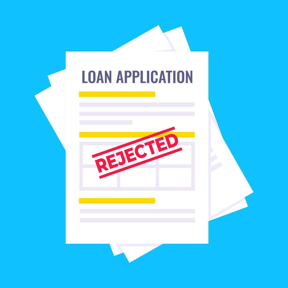 Rejected credit or loan form with file and claim form on it, paper sheets isolated on light blue background. vector