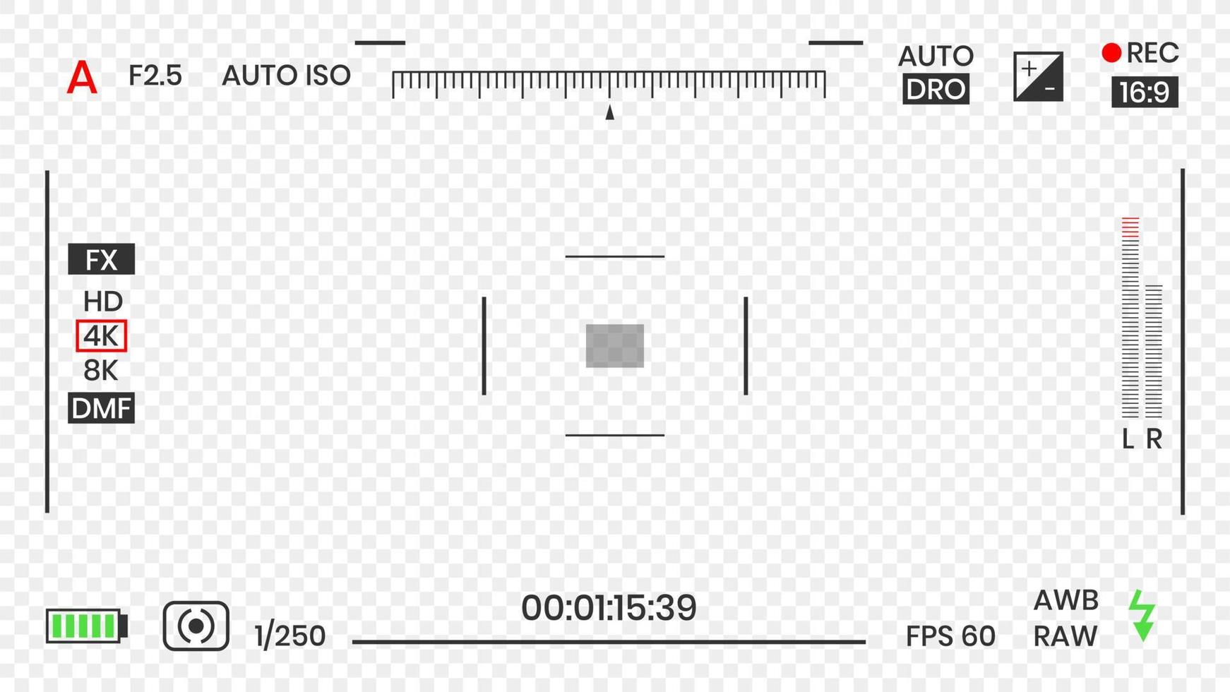 Ilustración de vector de diseño de estilo plano de grabadora de marco de foto o video de visor de cámara. visor de cámara digital con ajustes de exposición y plantilla de cuadrícula de enfoque.