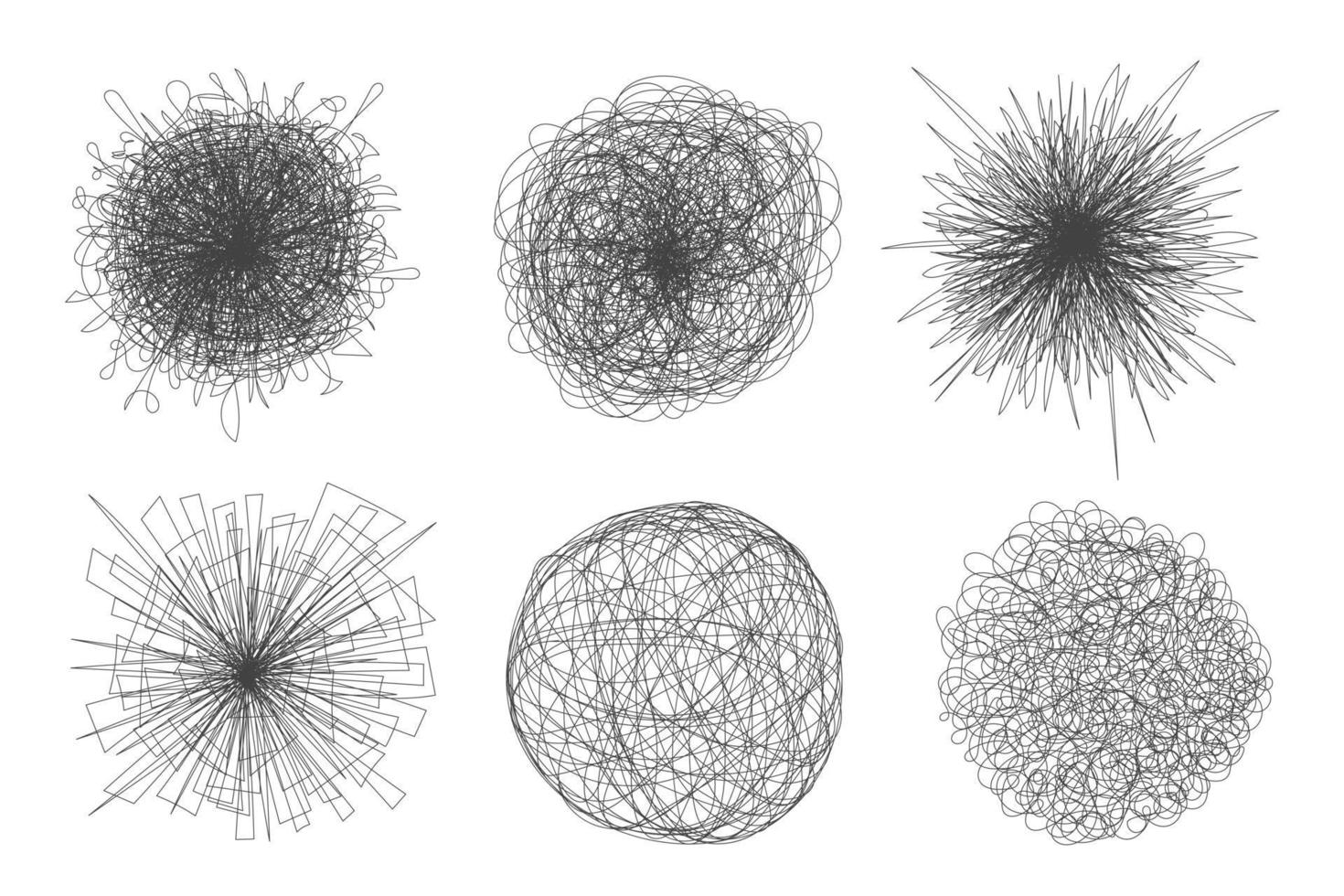 Tangled chaos abstract hand drawn messy scribble ball vector illustration set.