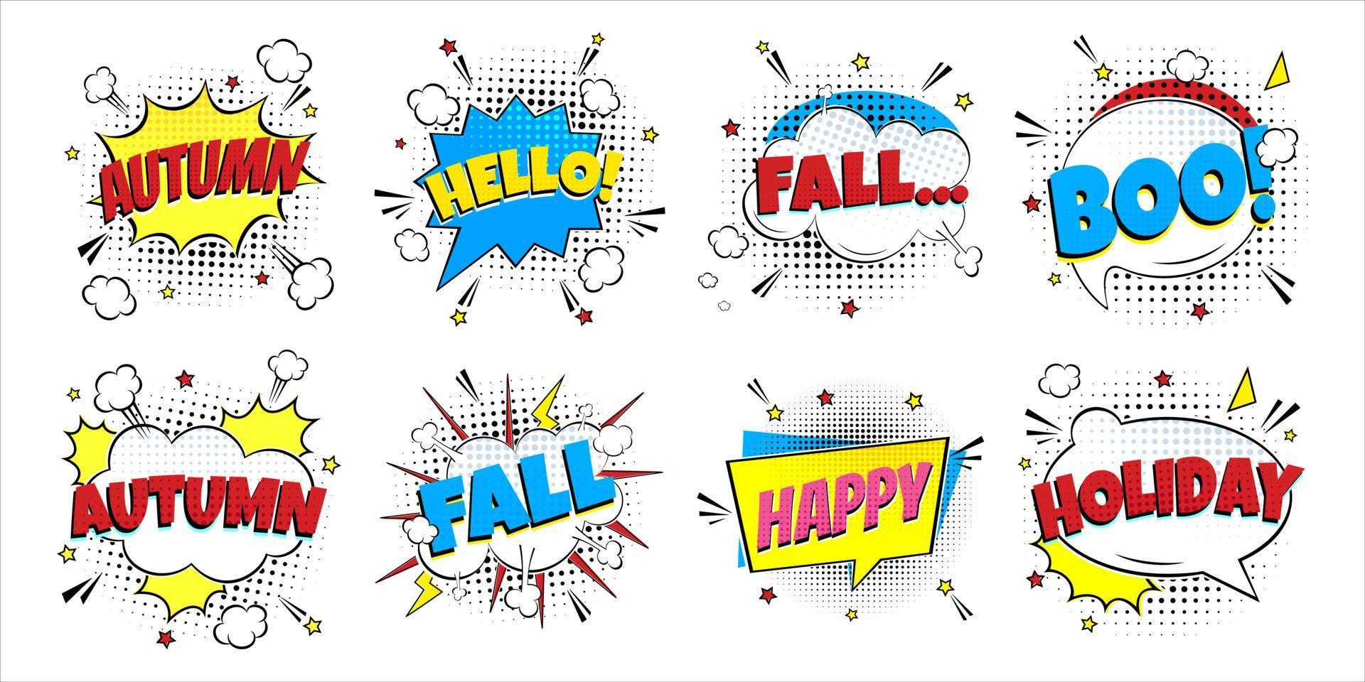 8 Lettering Autumn In The Speech Bubbles Comic Style Flat Design. Dynamic Pop Art Vector Illustration Isolated On White Background. Exclamation Concept Of Comic Book Style Pop Art Voice Phrase.