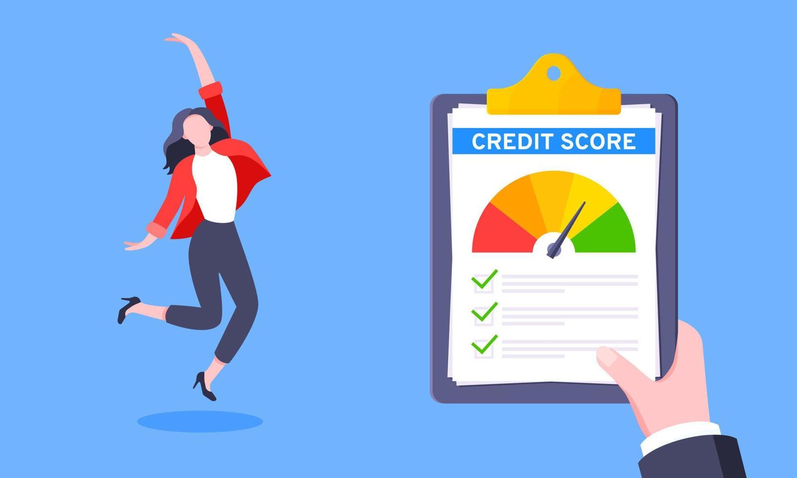 Good credit score business concept with clipboard, score gauge meter and happy person jumping in the air flat style design vector illustration.