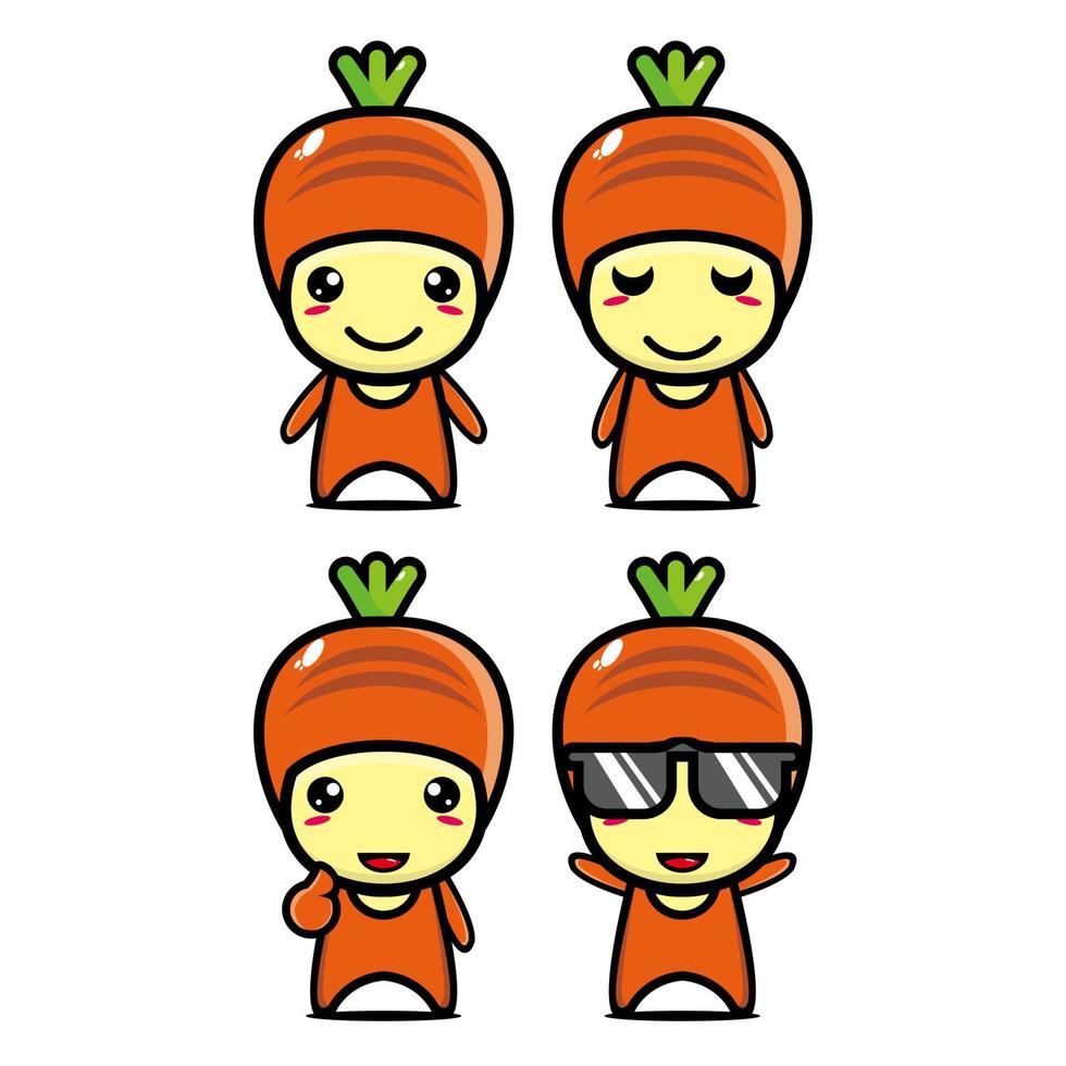 Set collection of cute carrot mascot design character. Isolated on a white background. Cute character mascot logo idea bundle concept vector