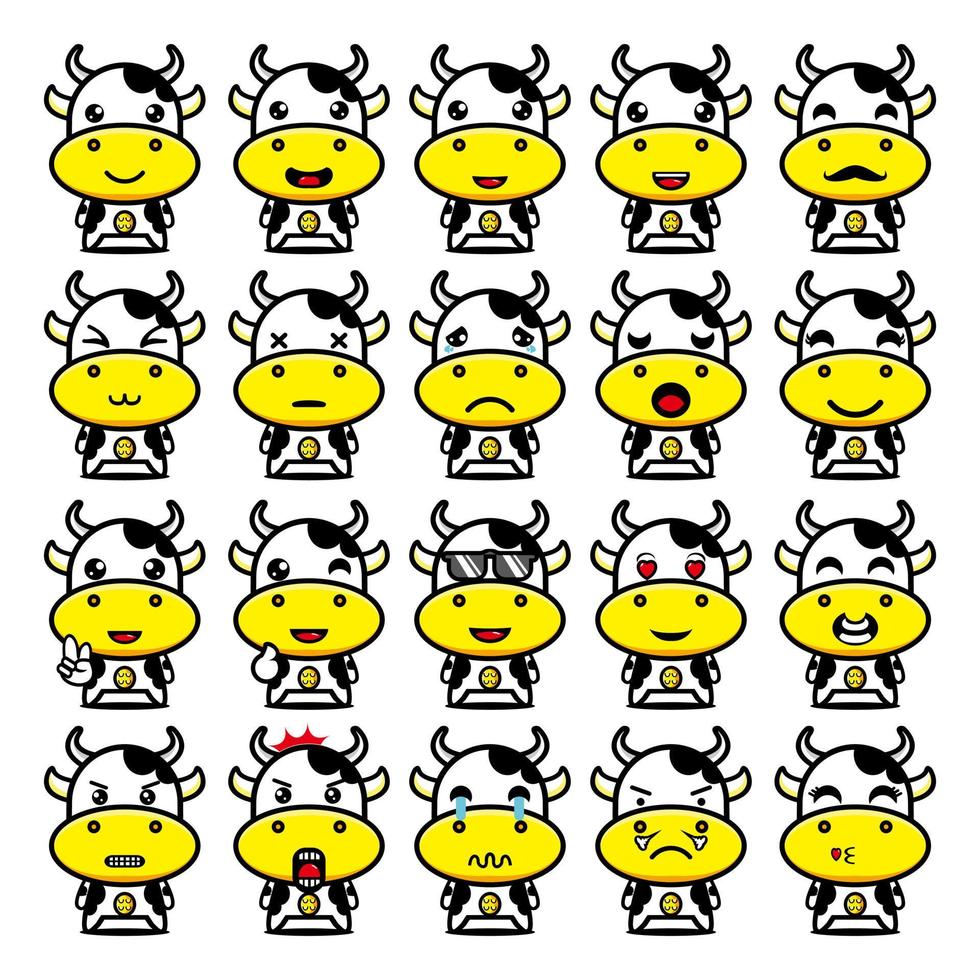 conjunto de colección de lindo personaje de diseño de mascota de vaca. Aislado en un fondo blanco. concepto de paquete de idea de logotipo de mascota de personaje lindo vector