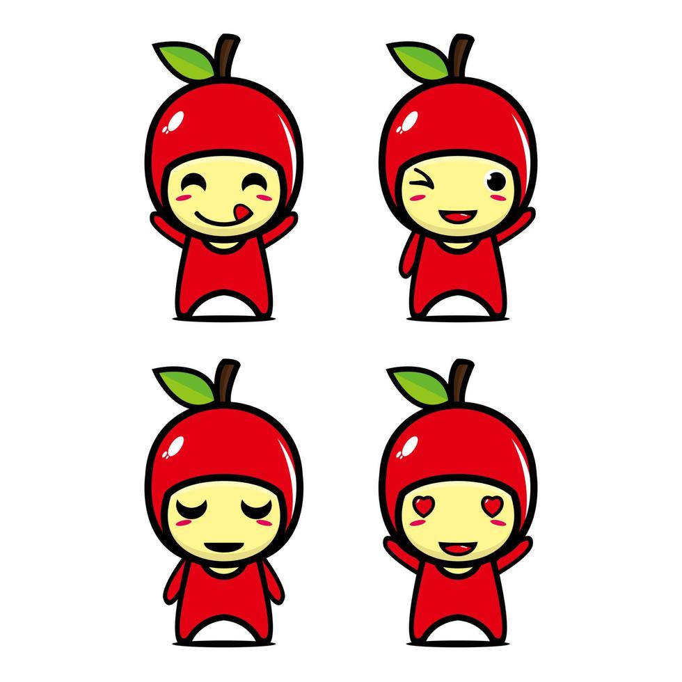 Set collection of cute apple mascot design character. Isolated on a white background. Cute character mascot logo idea bundle concept vector