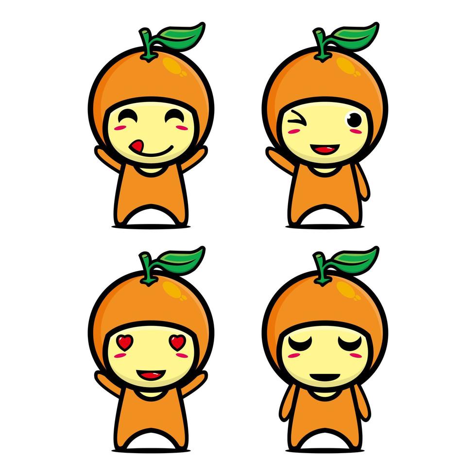 Set collection of cute orange mascot design character. Isolated on a white background. Cute character mascot logo idea bundle concept vector