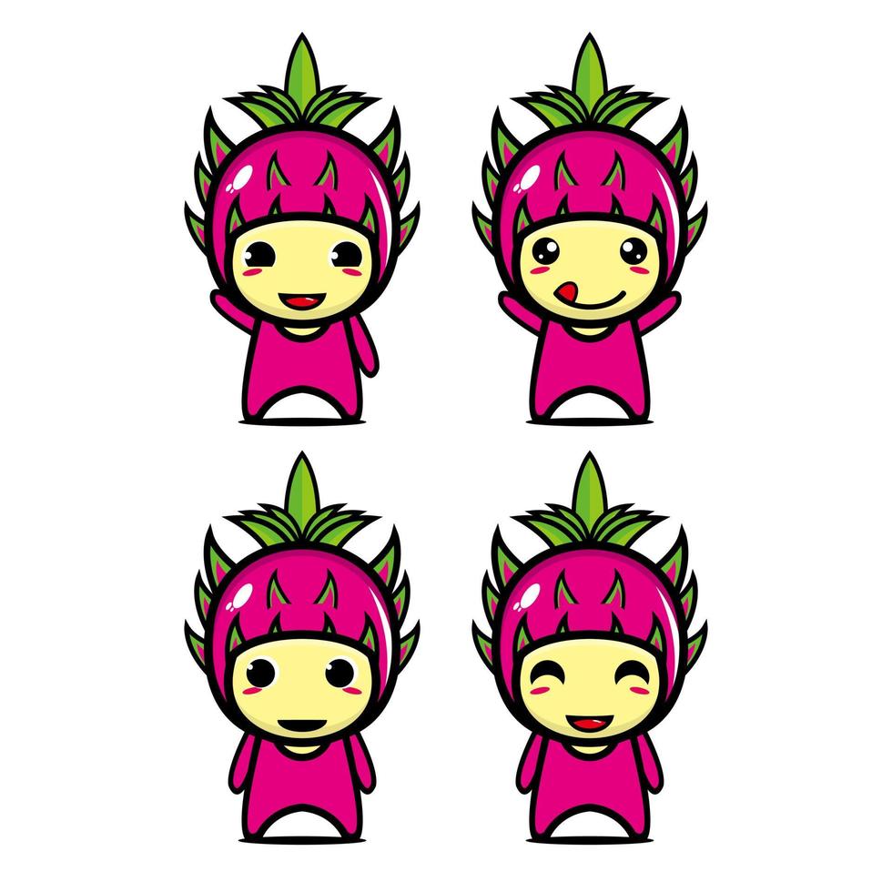 Set collection of cute dragon fruit mascot design character. Isolated on a white background. Cute character mascot logo idea bundle concept vector