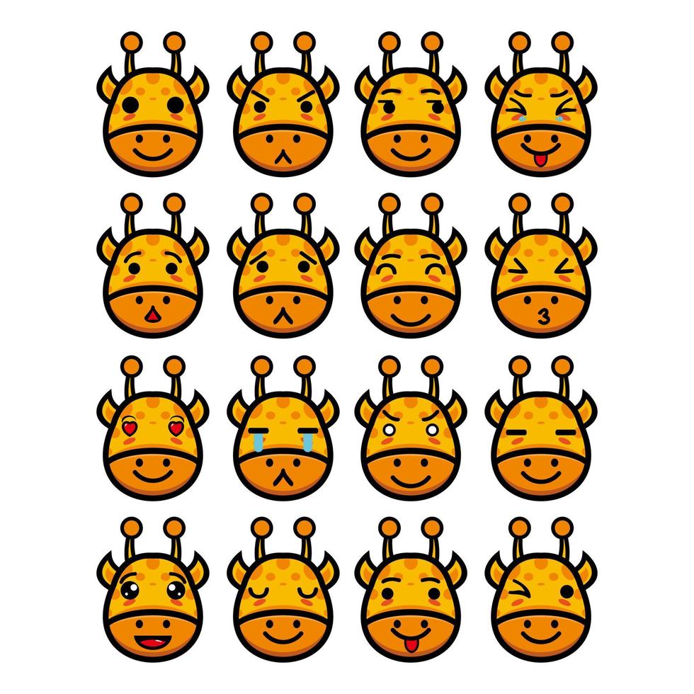 Set collection of cute head giraffe mascot design character. Isolated on a white background. Cute character mascot logo idea bundle concept vector