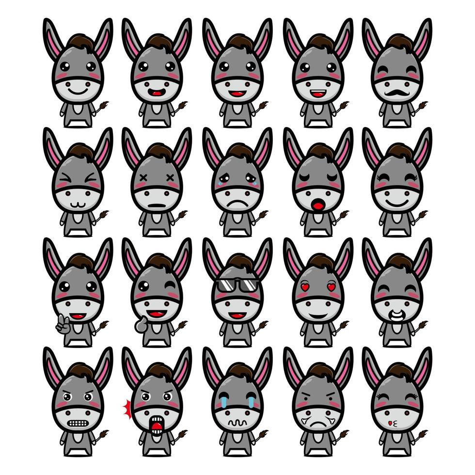Set collection of cute donkey mascot design character. Isolated on a white background. Cute character mascot logo idea bundle concept vector