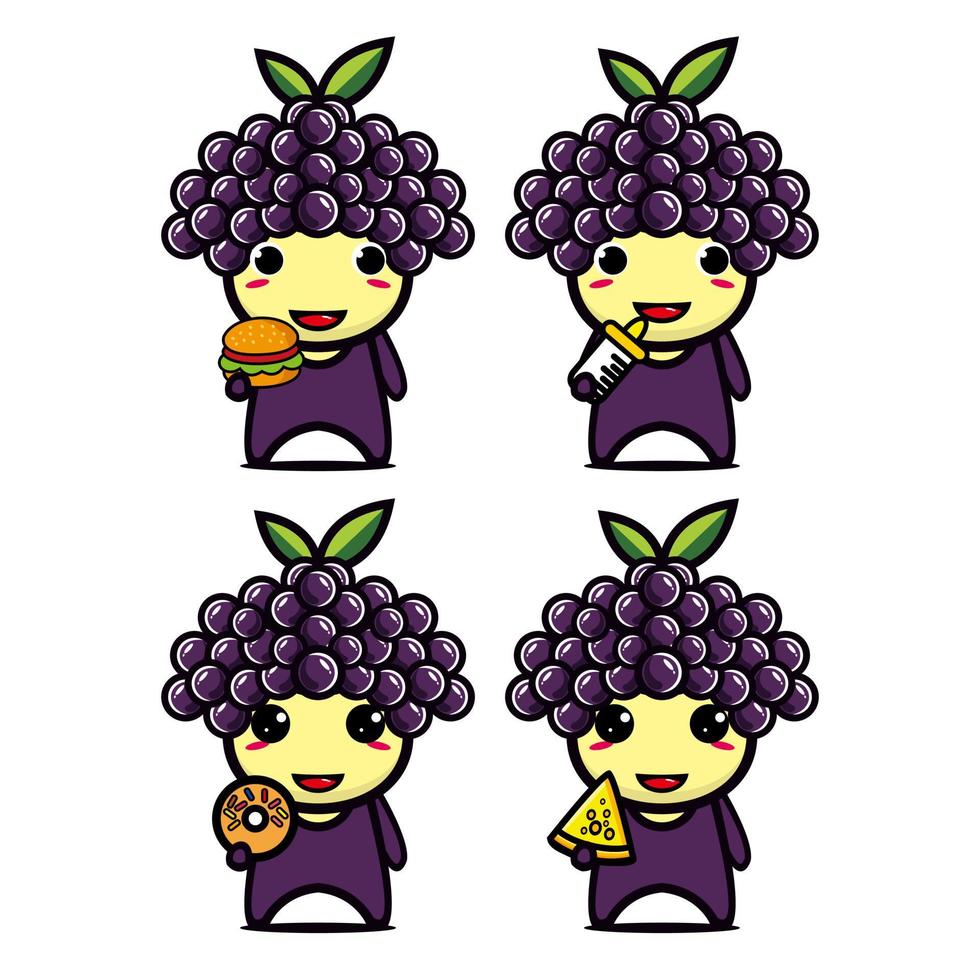 Set collection of cute grape mascot design character. Isolated on a white background. Cute character mascot logo idea bundle concept vector