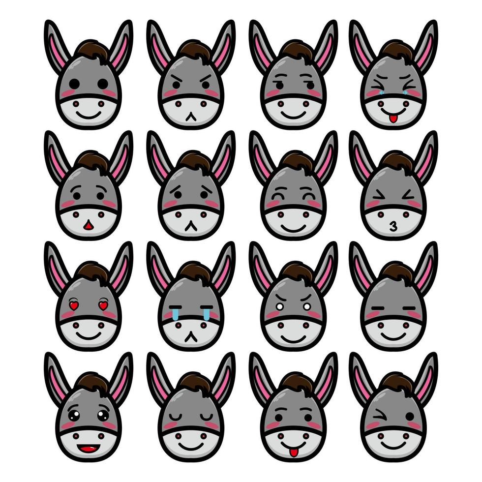 Set collection of cute head donkey mascot design character. Isolated on a white background. Cute character mascot logo idea bundle concept vector