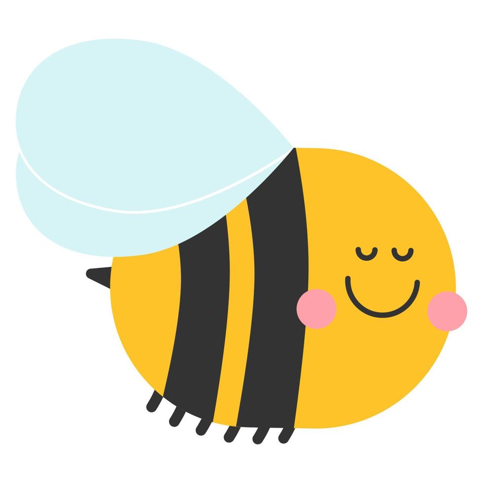 Smiling bee cute character. Bumblebee bug with wings. Yellow and black striped vector logo for honey locar farm. Childish kind icon for nursery cards, posters, printing on paper, fabric and clothes.