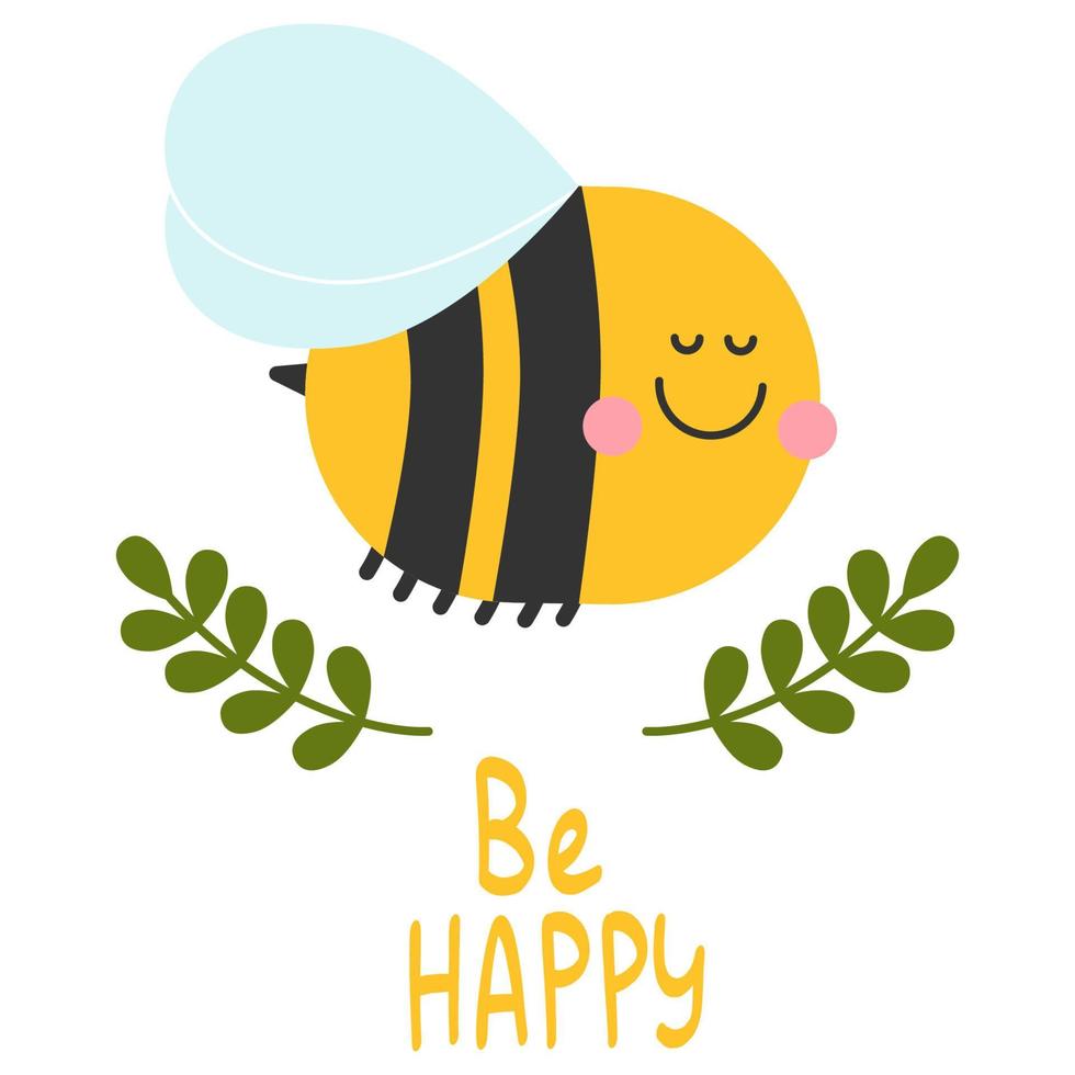 Smiling bee cute character. Bumblebee bug with wings. Yellow and black striped vector logo for honey locar farm. Childish kind icon for nursery cards, posters, printing on paper, fabric and clothes.