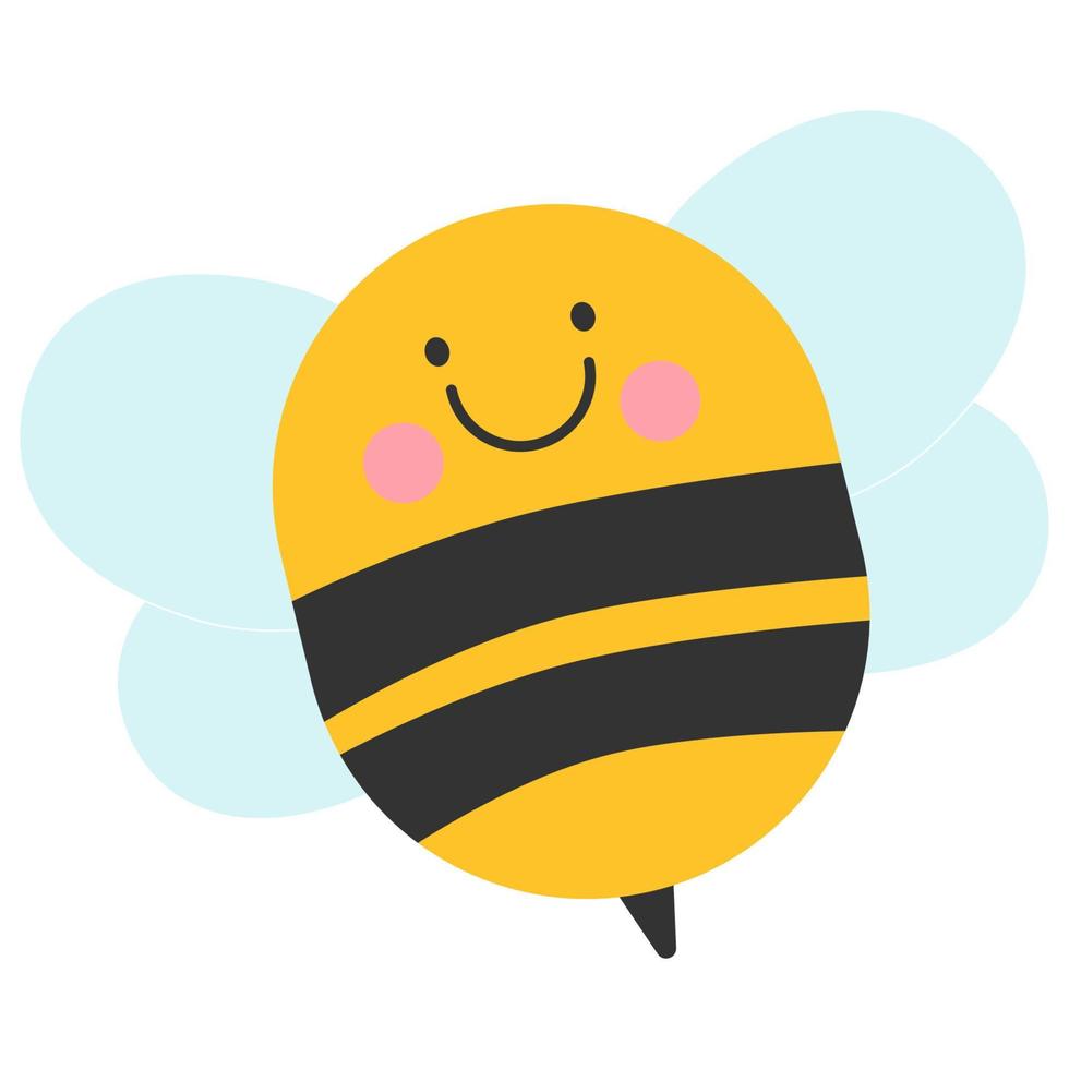 Smiling bee cute character. Bumblebee bug with wings. Yellow and black striped vector logo for honey locar farm. Childish kind icon for nursery cards, posters, printing on paper, fabric and clothes.