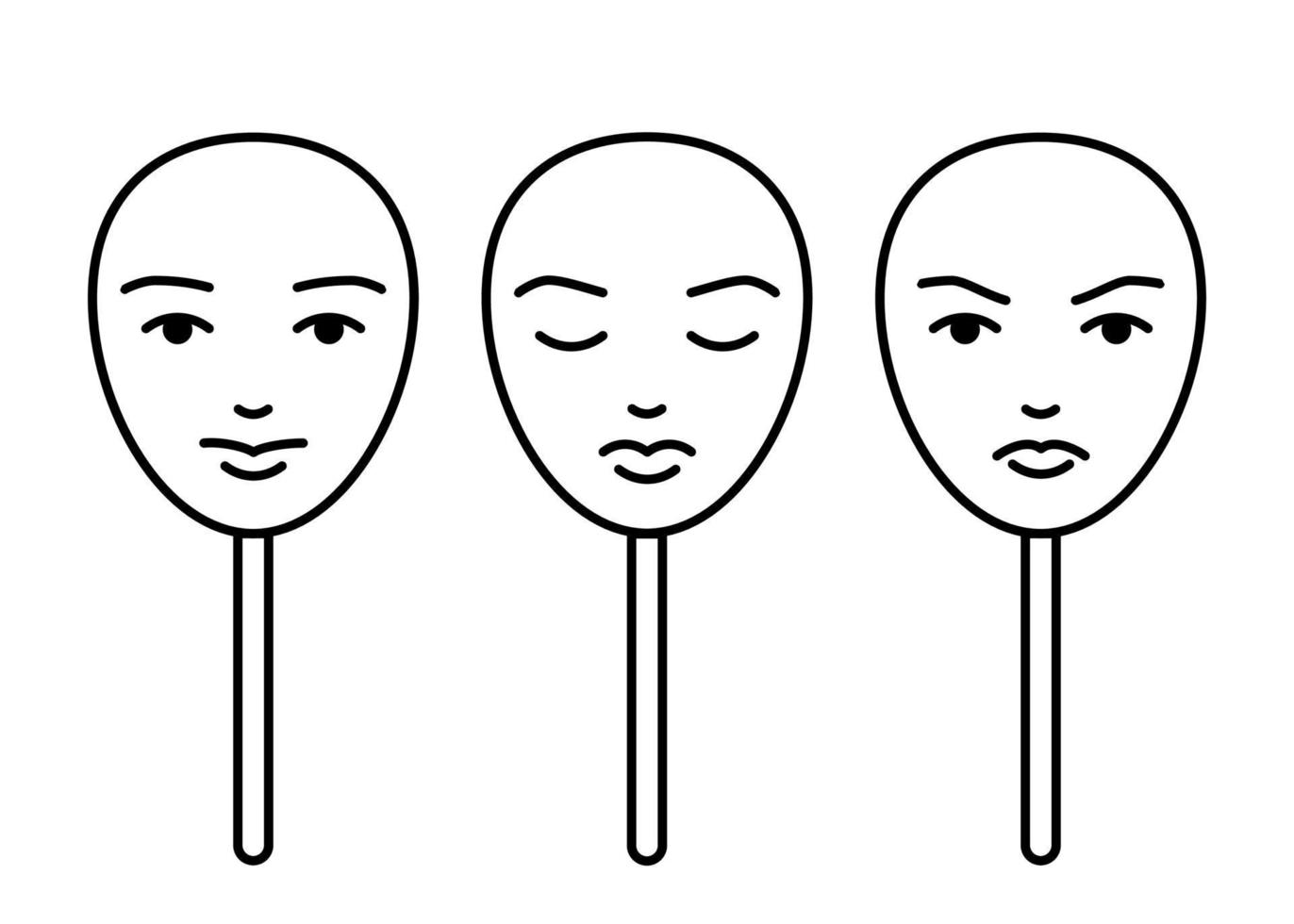 Face masks expressing emotions, fake mood, line art. Change personality to conform to social requirements and pressure. Control emotion, play role. Vector illustration