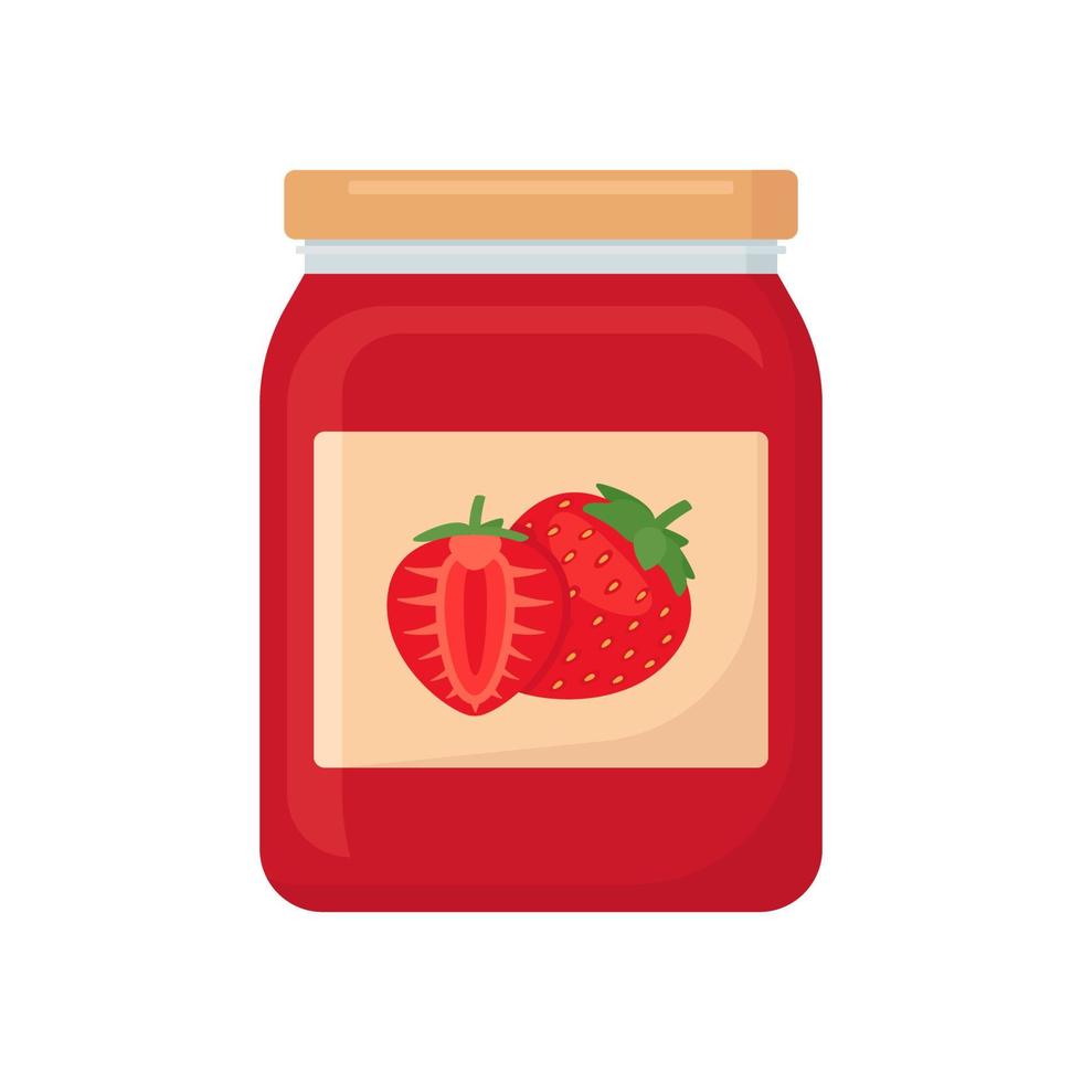 Glass jar of preserved strawberry jam, berry red confiture in bottle. Harvesting delicious homemade sweet meal. Glass capacity with lid for berry dessert. Food and cooking. Vector illustration