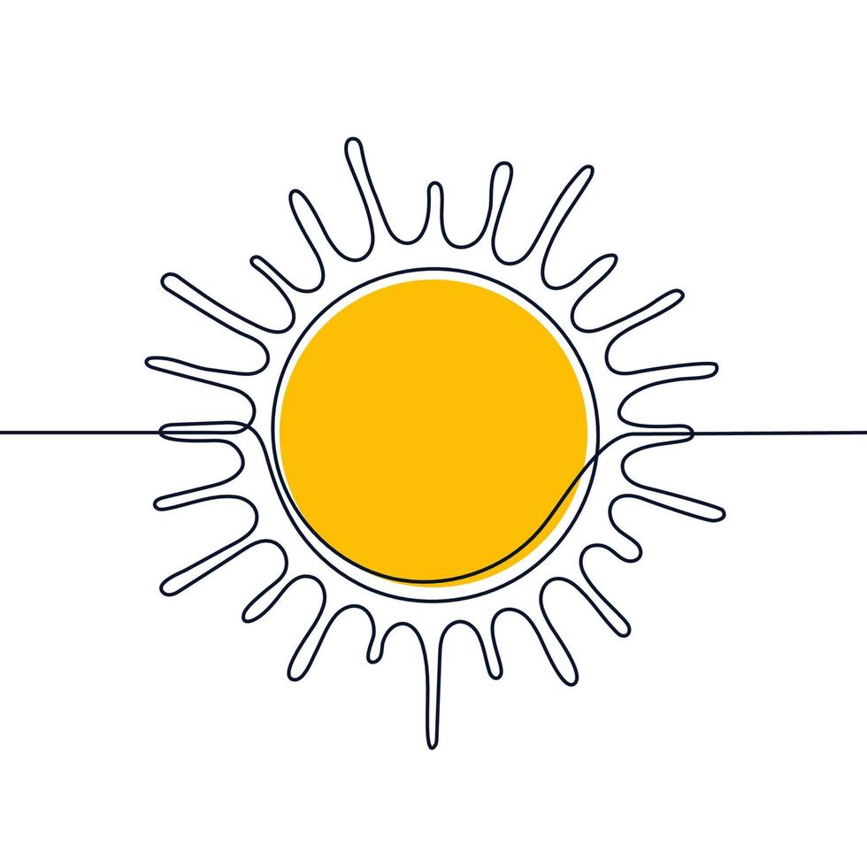 Yellow sun one black continuous line, light rays outline. One line drawing. Circle full sun and sunlight. Hot solar energy for tan. Vector art illustration