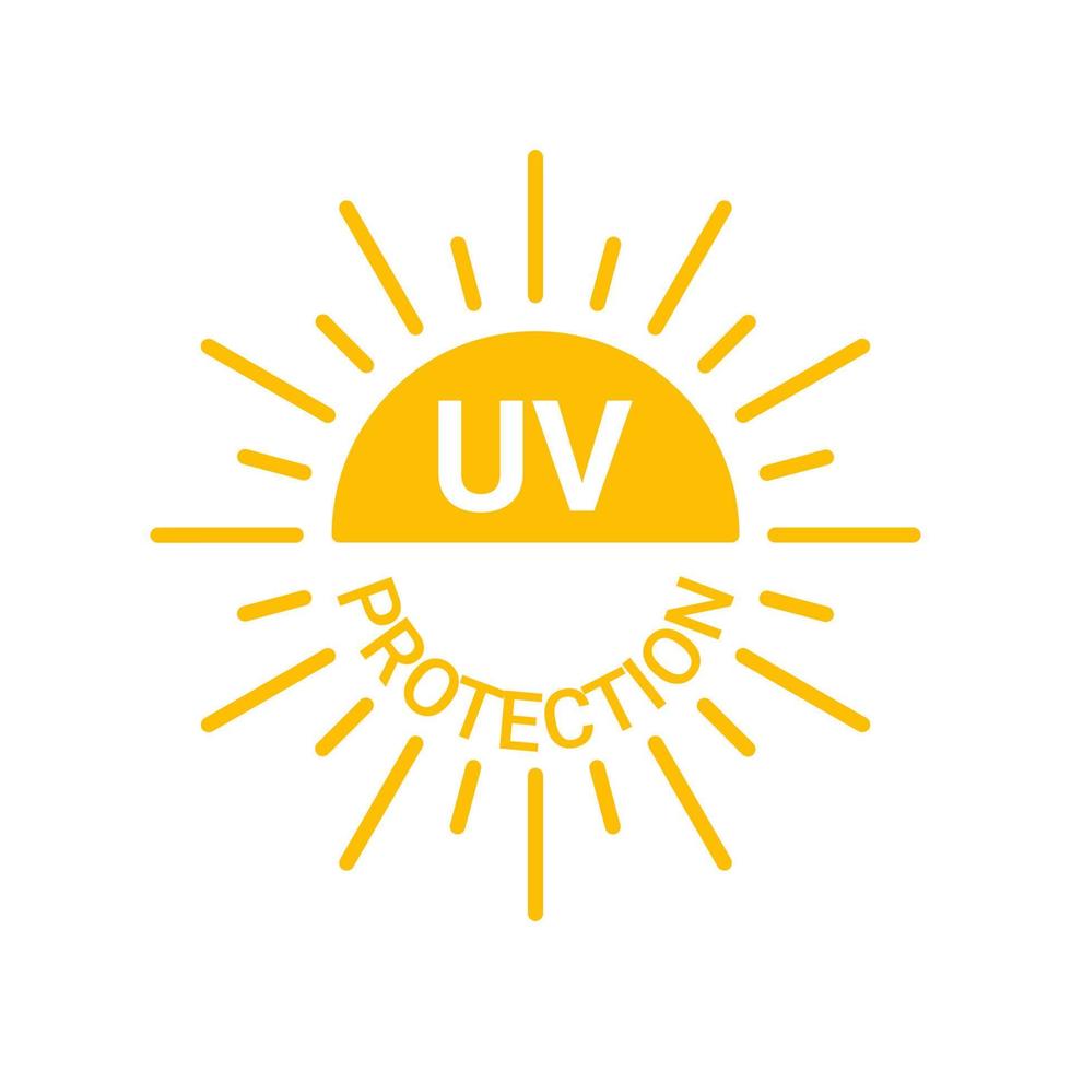Yellow sun with inscription uv protection icon, sunblock from sunshine and solar burn. Circle full sun and sunlight. Hot solar energy for tan. Vector sign